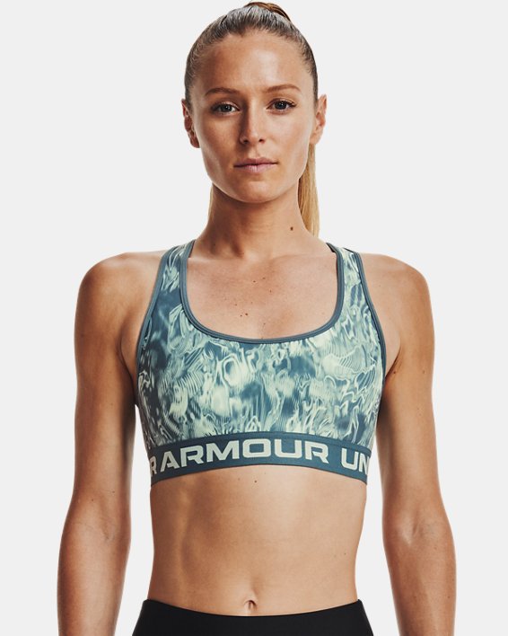Women's Armour® Mid Crossback Mid Printed Sports Bra, Blue, pdpMainDesktop image number 0